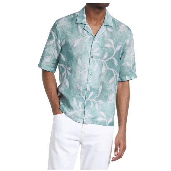 BOSS Lars Palm Frond Linen Short Sleeve Button-Up Shirt Summer,Size Medium,NEW - Picture 1 of 16
